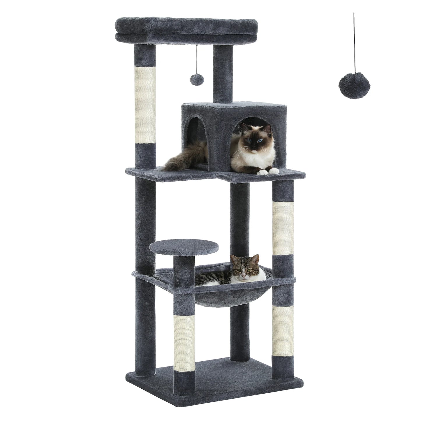 H106CM Cat Tree Tower for Indoor with Self Groomer Sisal Scratching Post Large Condo Perch Stable for Kitten Spacious Hummocks