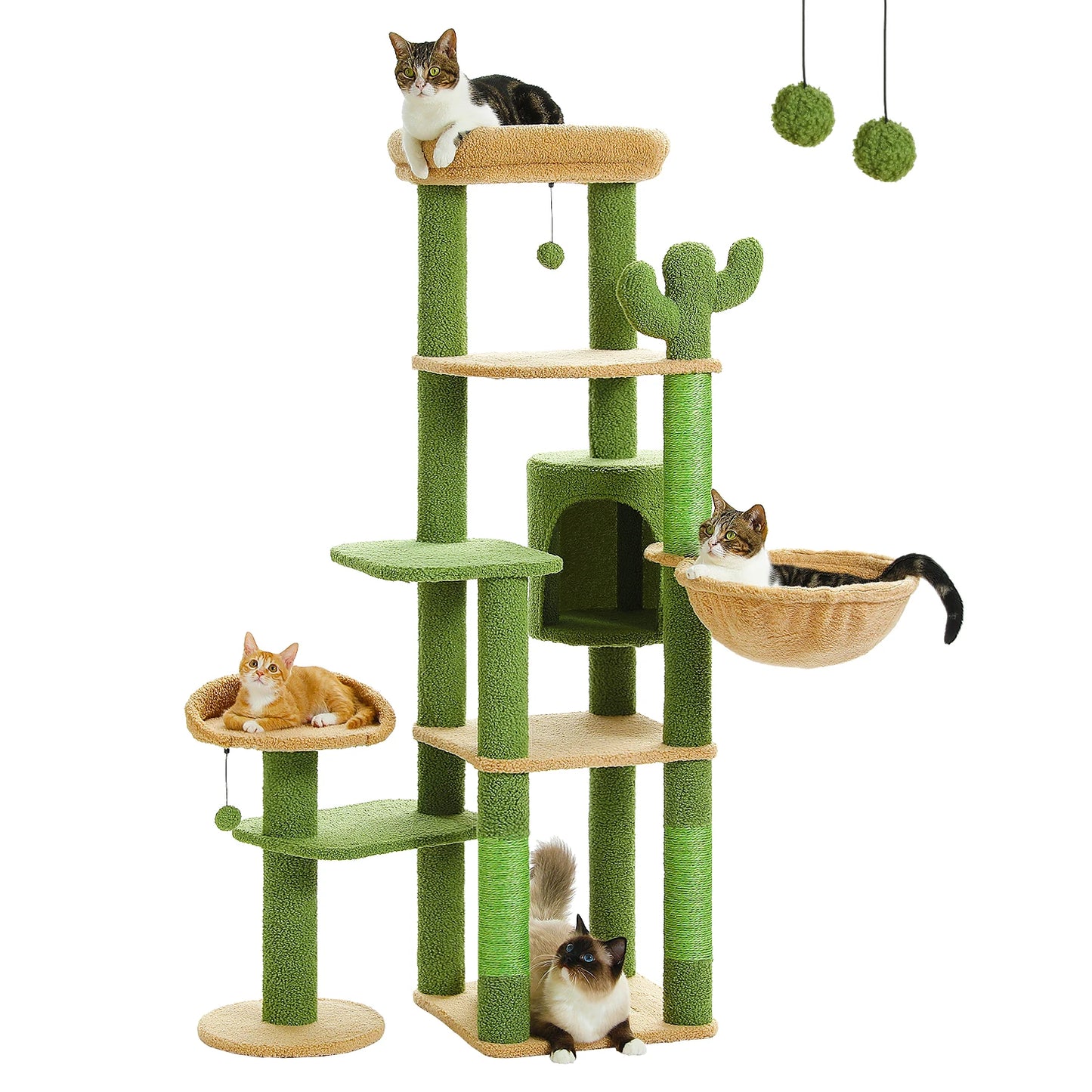 Height 150 CM Cactus Large Cat Tree Tower for Indoor with 5 Tier Spacious Condo Cozy Hammock Scratching Post and 2 Perches Green