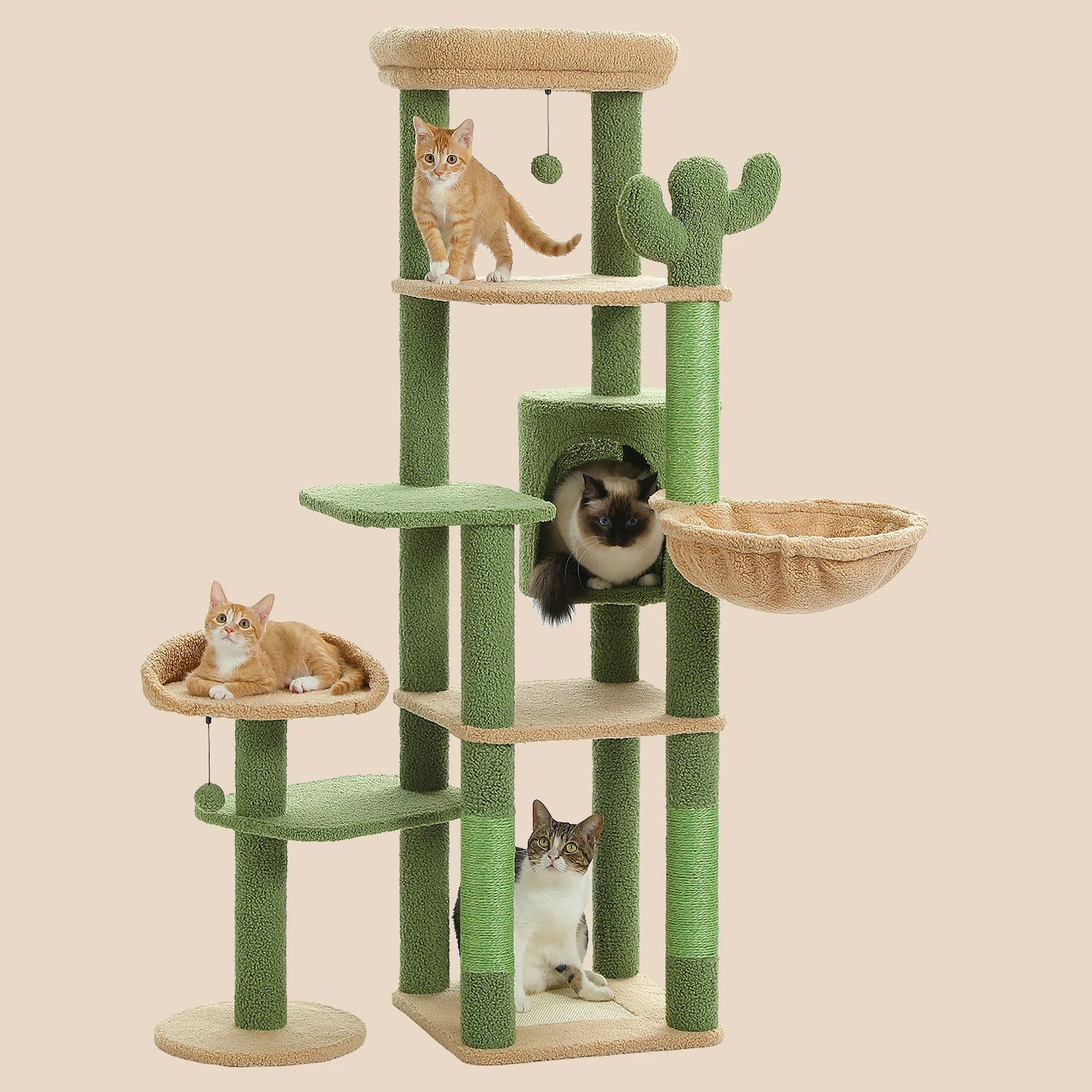 Height 150 CM Cactus Large Cat Tree Tower for Indoor with 5 Tier Spacious Condo Cozy Hammock Scratching Post and 2 Perches Green