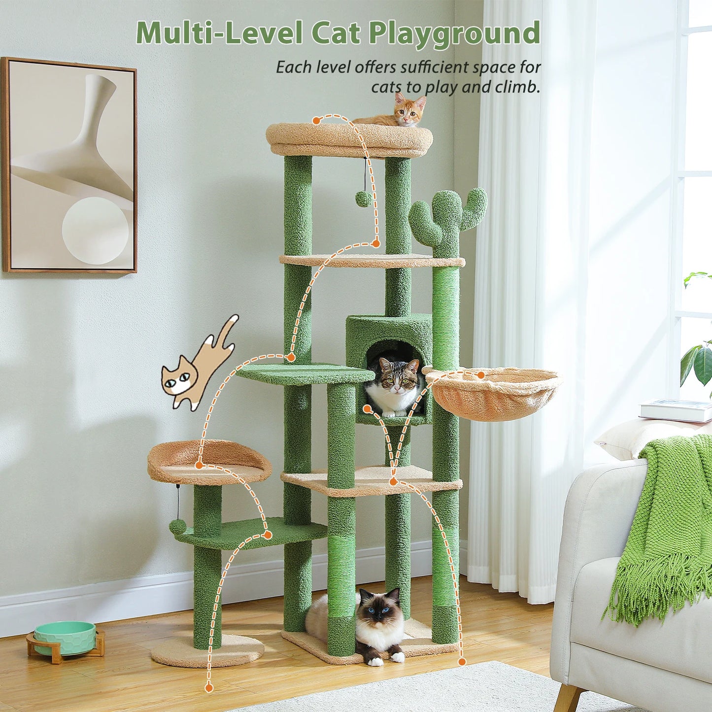 Height 150 CM Cactus Large Cat Tree Tower for Indoor with 5 Tier Spacious Condo Cozy Hammock Scratching Post and 2 Perches Green