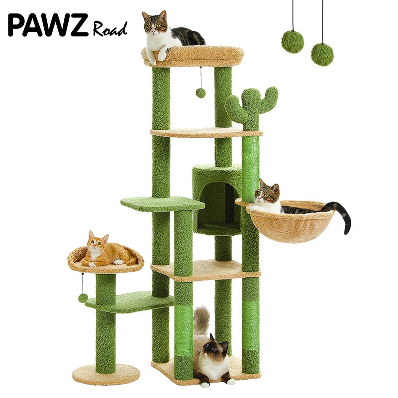 Height 150 CM Cactus Large Cat Tree Tower for Indoor with 5 Tier Spacious Condo Cozy Hammock Scratching Post and 2 Perches Green