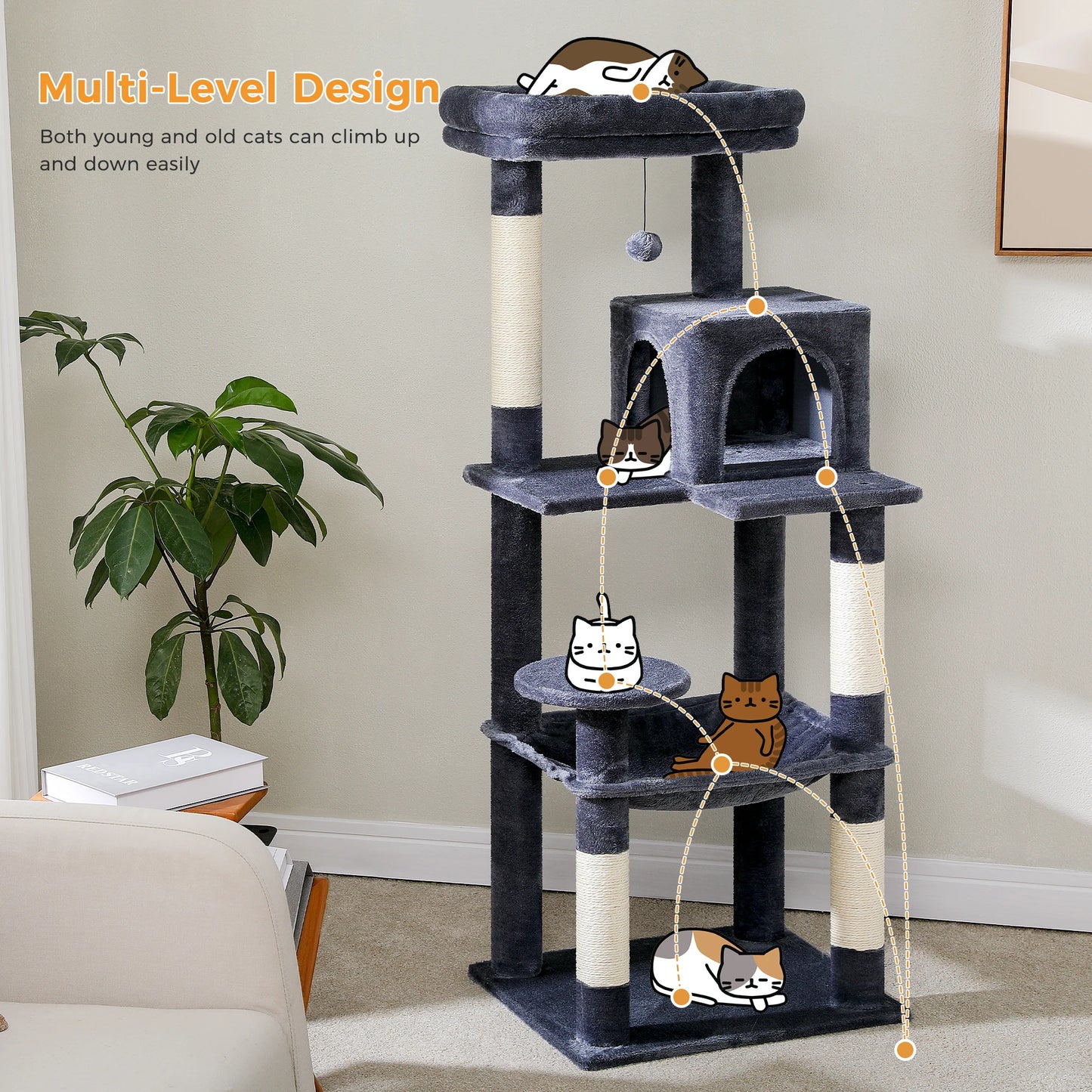 H106CM Cat Tree Tower for Indoor with Self Groomer Sisal Scratching Post Large Condo Perch Stable for Kitten Spacious Hummocks