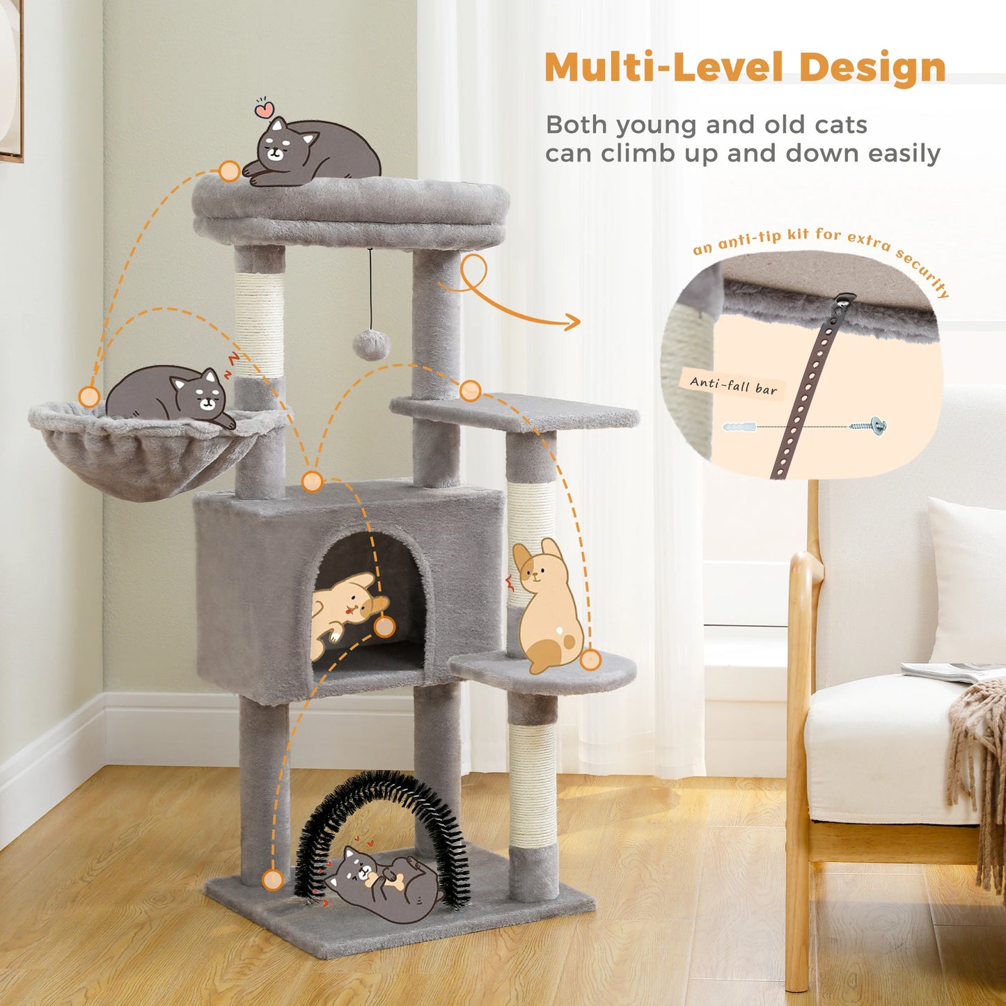 H106CM Cat Tree Tower for Indoor with Self Groomer Sisal Scratching Post Large Condo Perch Stable for Kitten Spacious Hummocks