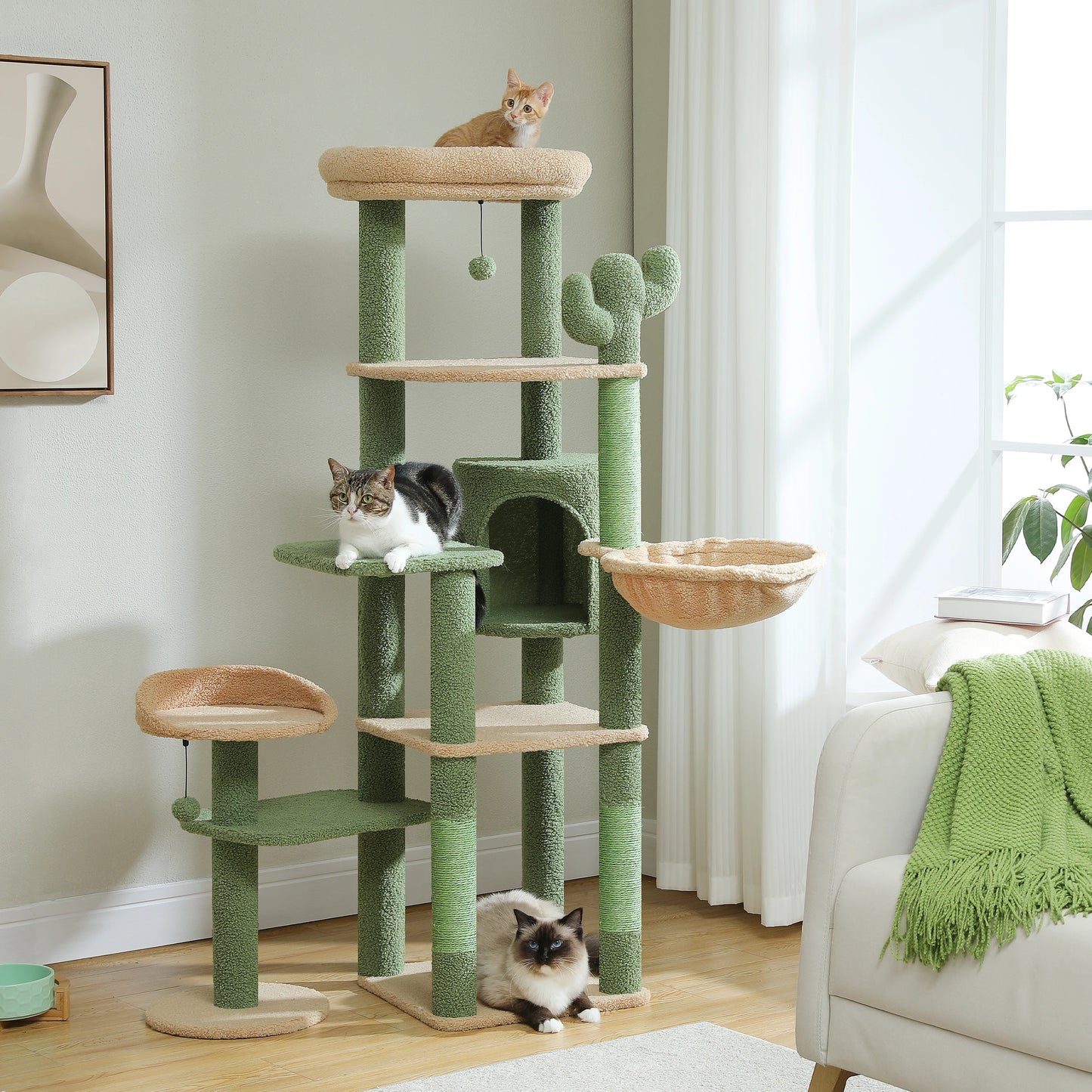 Height 150 CM Cactus Large Cat Tree Tower for Indoor with 5 Tier Spacious Condo Cozy Hammock Scratching Post and 2 Perches Green