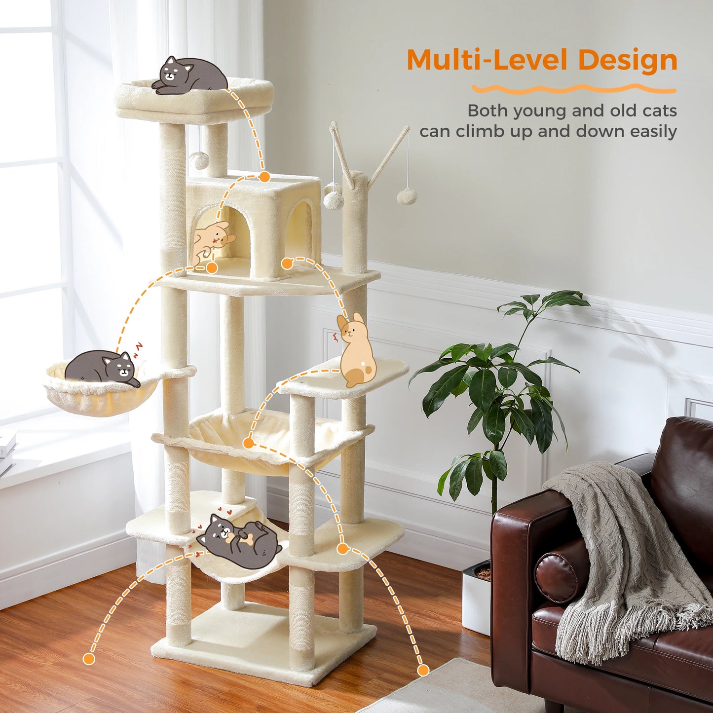 Large Cat Tree Tall Cat Tower for Indoor Cats Multi-Level Plush Cat Condo with Scratching Posts Scratching Boards Perches Caves