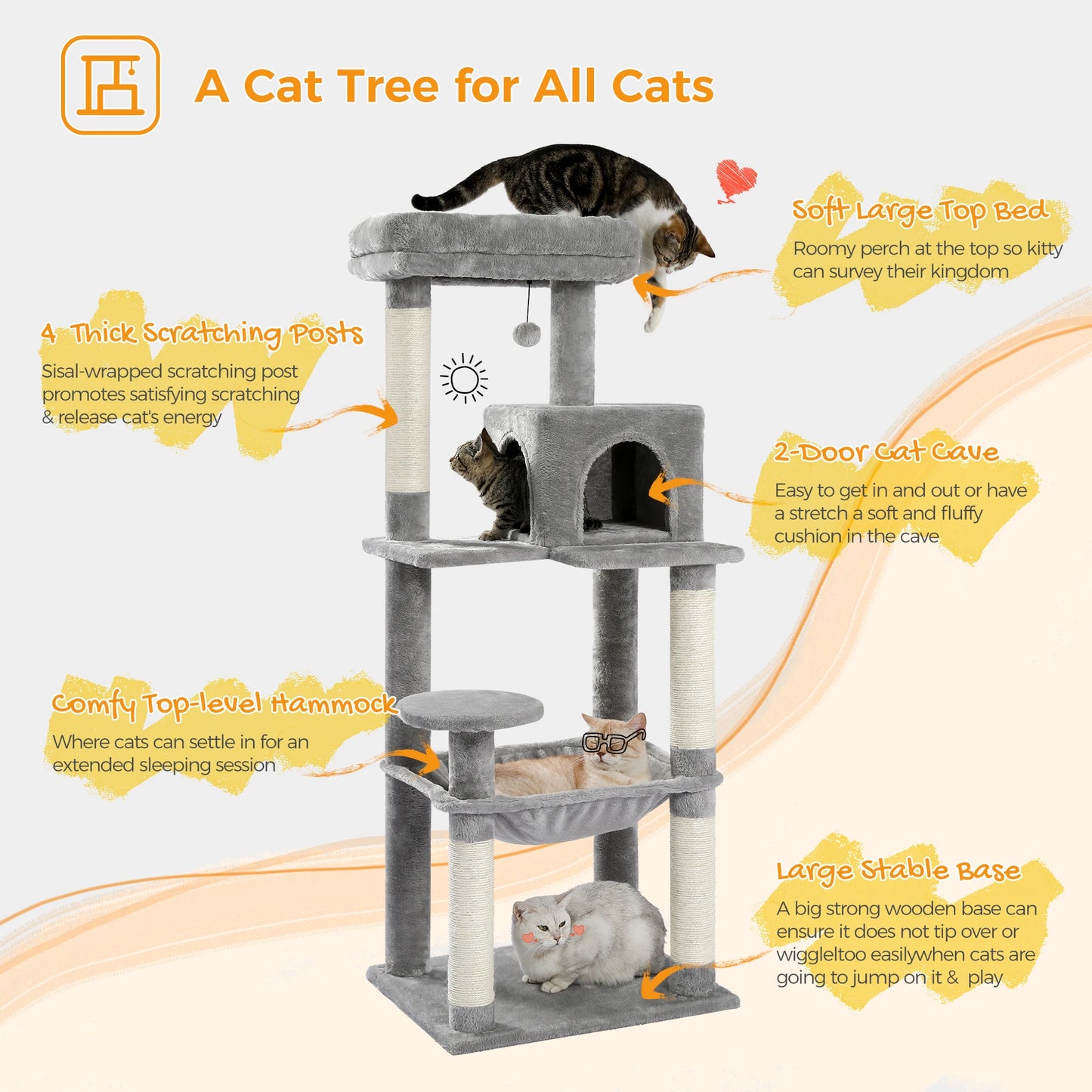 H106CM Cat Tree Tower for Indoor with Self Groomer Sisal Scratching Post Large Condo Perch Stable for Kitten Spacious Hummocks