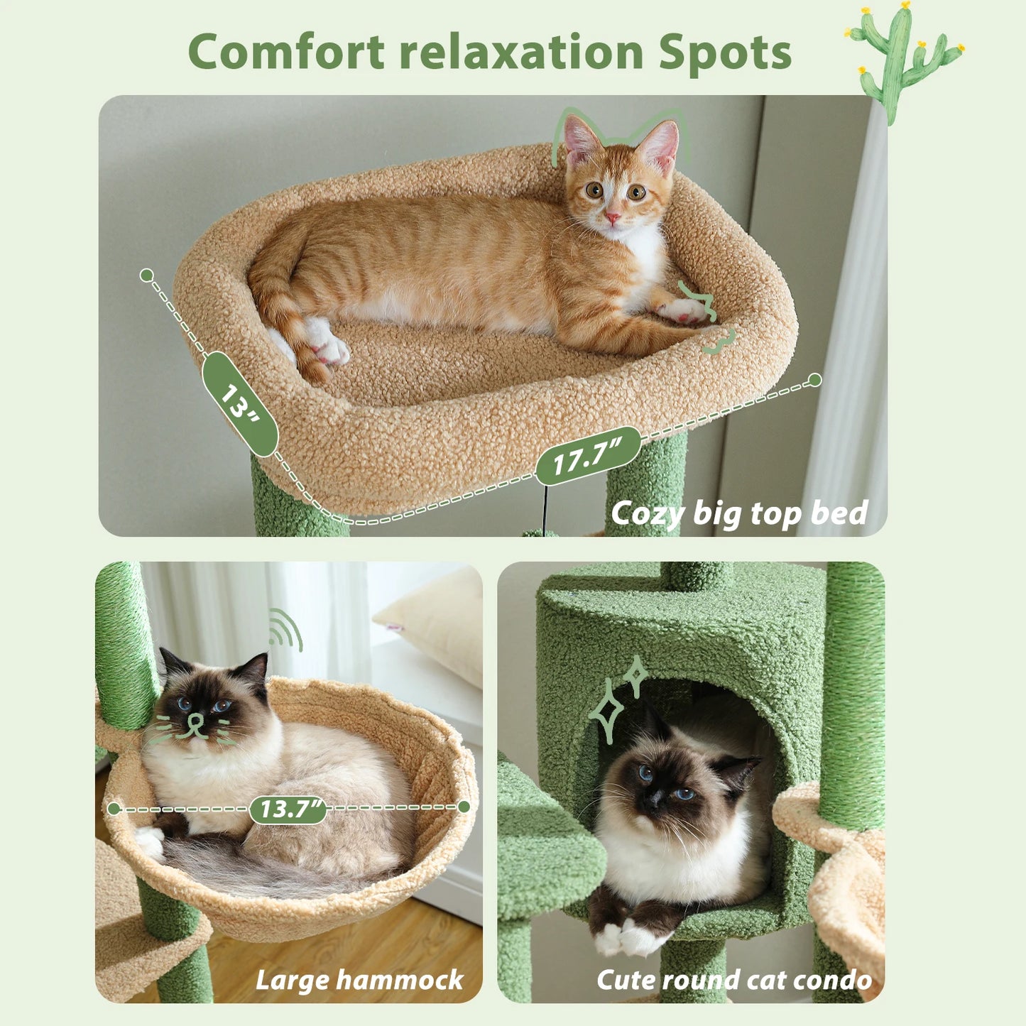 Height 150 CM Cactus Large Cat Tree Tower for Indoor with 5 Tier Spacious Condo Cozy Hammock Scratching Post and 2 Perches Green