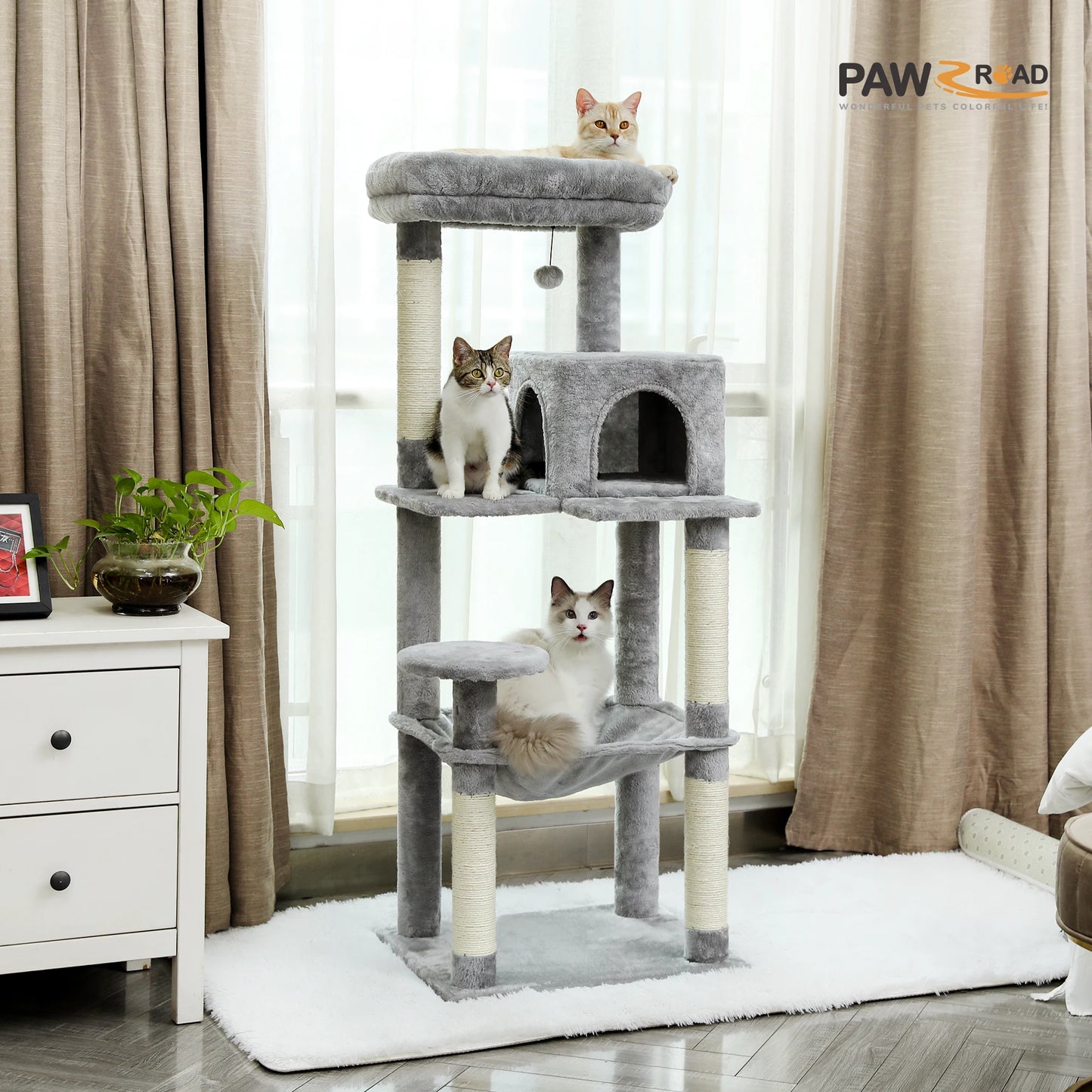 H106CM Cat Tree Tower for Indoor with Self Groomer Sisal Scratching Post Large Condo Perch Stable for Kitten Spacious Hummocks