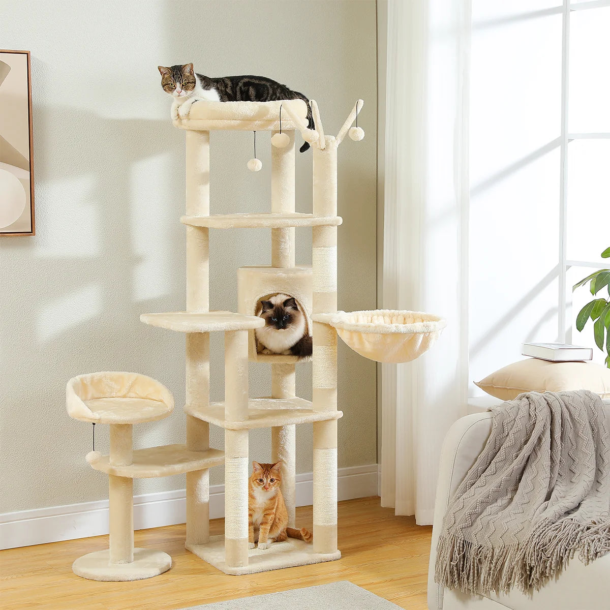 Height 150 CM Cactus Large Cat Tree Tower for Indoor with 5 Tier Spacious Condo Cozy Hammock Scratching Post and 2 Perches Green