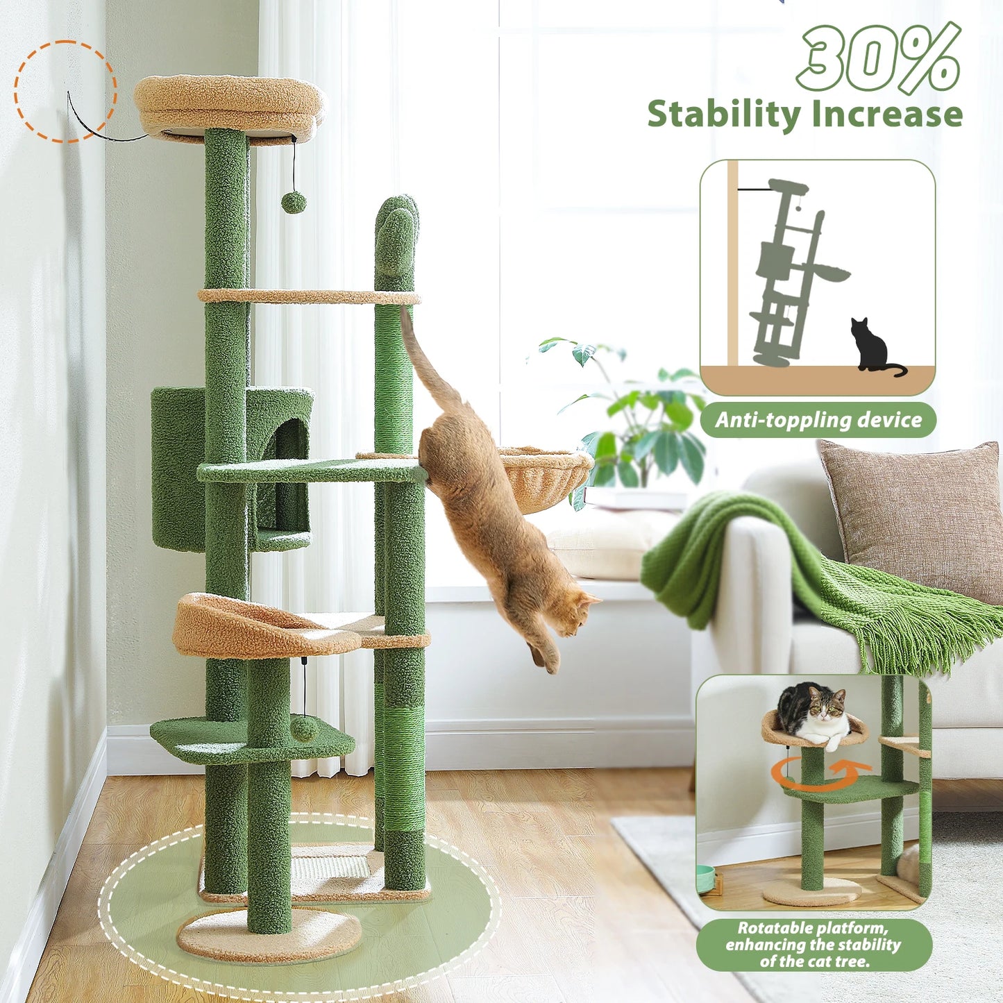 Height 150 CM Cactus Large Cat Tree Tower for Indoor with 5 Tier Spacious Condo Cozy Hammock Scratching Post and 2 Perches Green