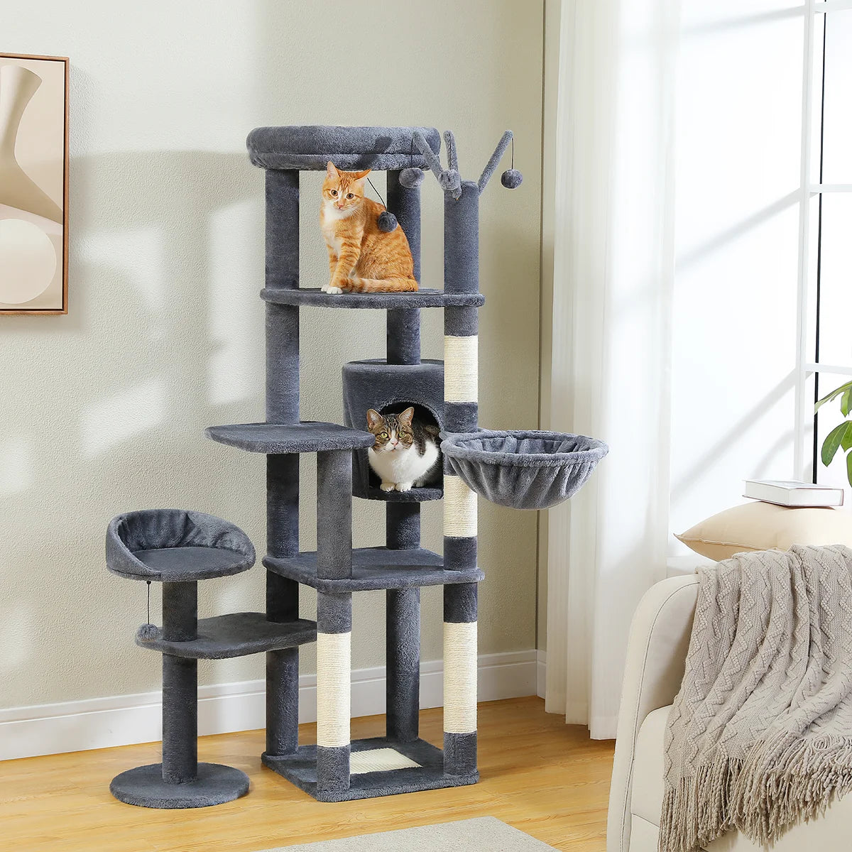 Height 150 CM Cactus Large Cat Tree Tower for Indoor with 5 Tier Spacious Condo Cozy Hammock Scratching Post and 2 Perches Green