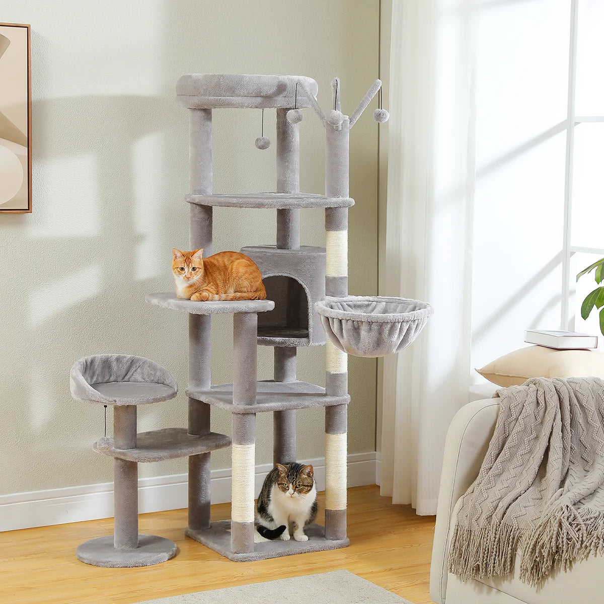 Height 150 CM Cactus Large Cat Tree Tower for Indoor with 5 Tier Spacious Condo Cozy Hammock Scratching Post and 2 Perches Green