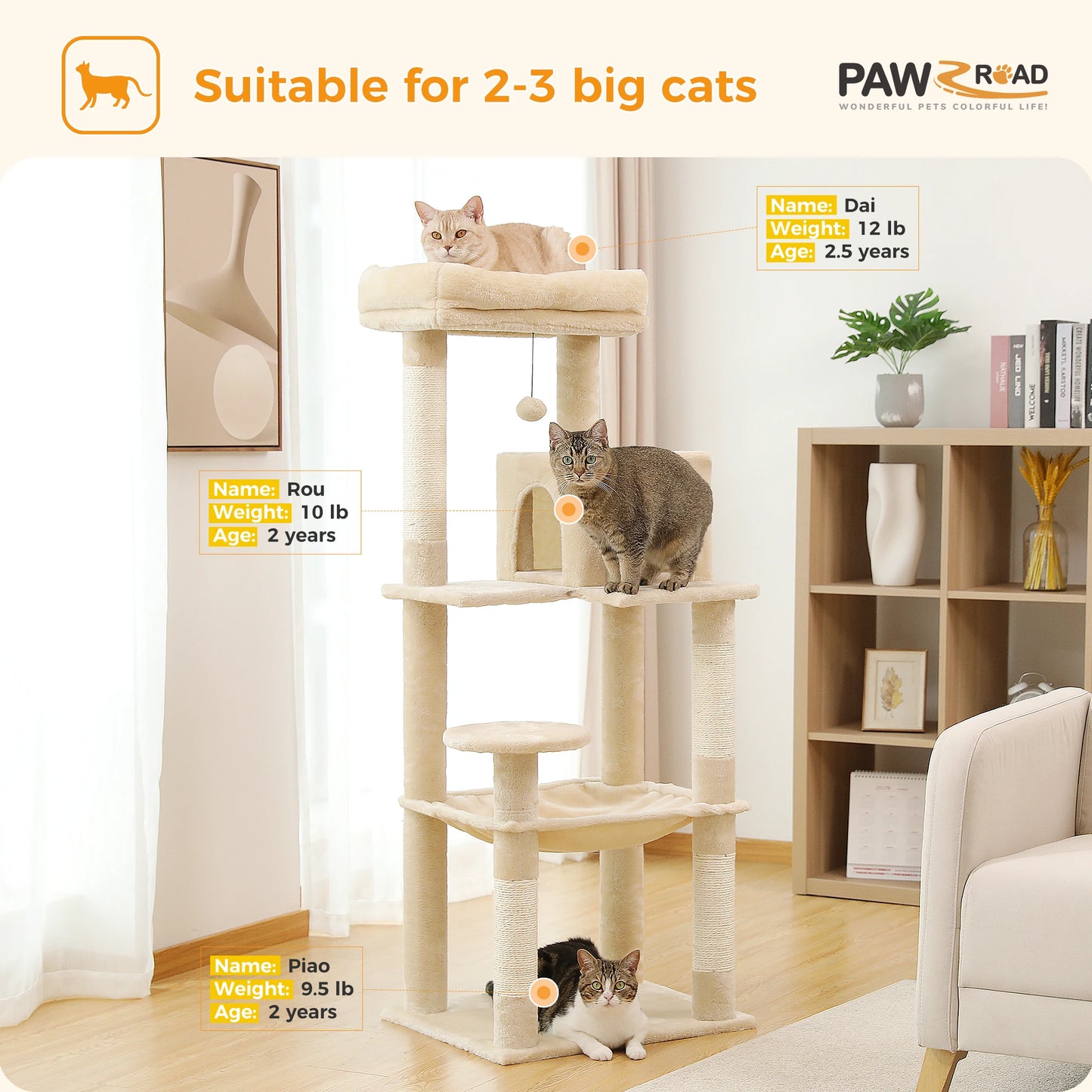 H106CM Cat Tree Tower for Indoor with Self Groomer Sisal Scratching Post Large Condo Perch Stable for Kitten Spacious Hummocks