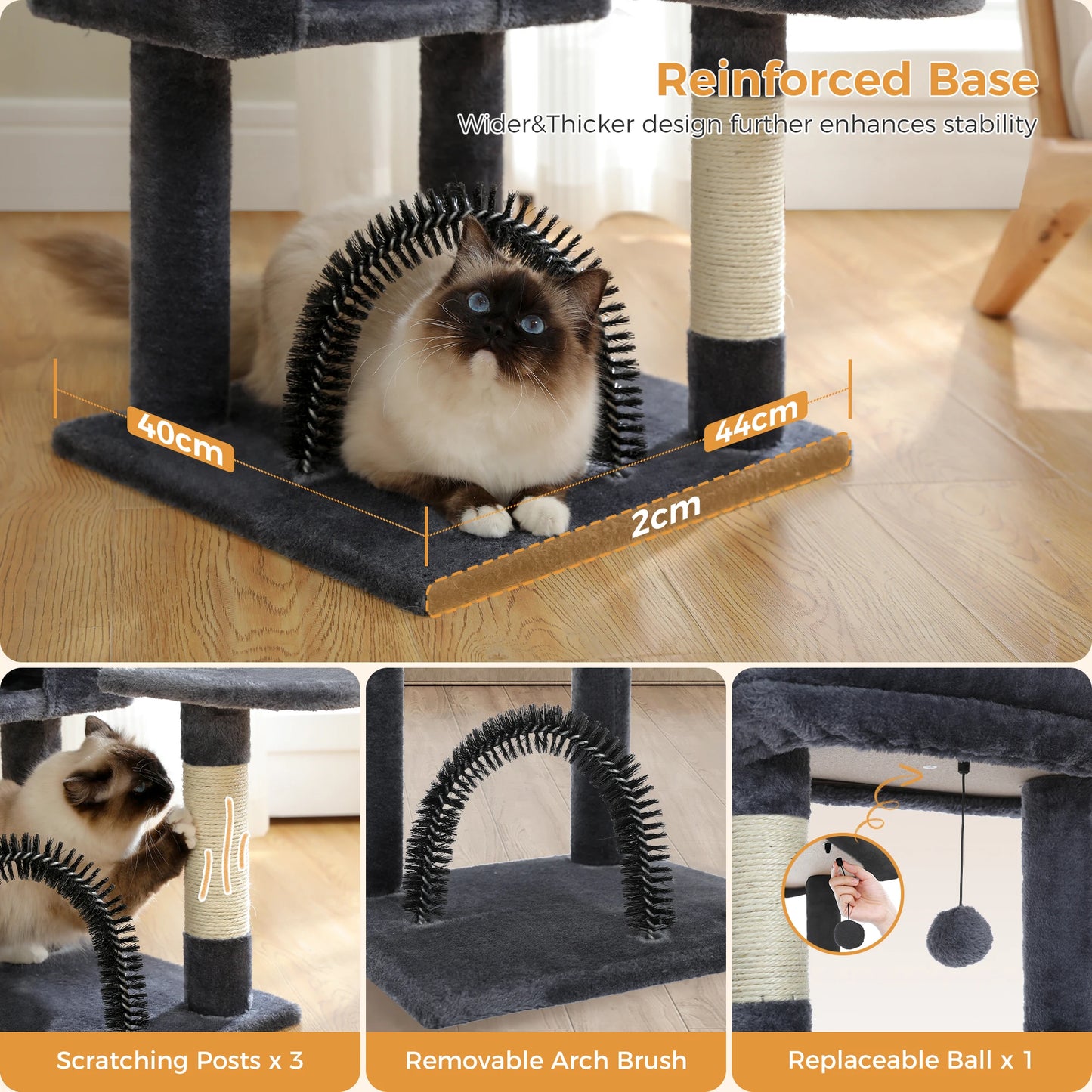 H106CM Cat Tree Tower for Indoor with Self Groomer Sisal Scratching Post Large Condo Perch Stable for Kitten Spacious Hummocks