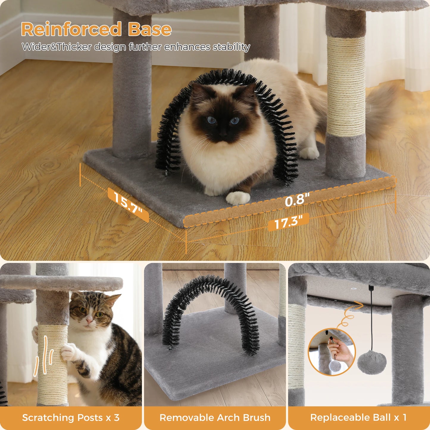 H106CM Cat Tree Tower for Indoor with Self Groomer Sisal Scratching Post Large Condo Perch Stable for Kitten Spacious Hummocks