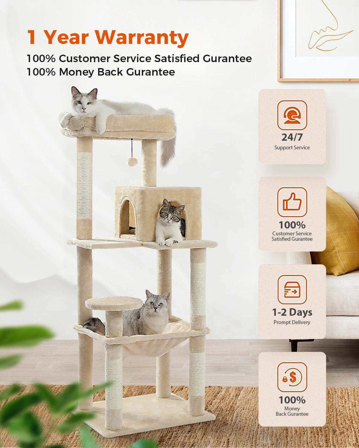 H106CM Cat Tree Tower for Indoor with Self Groomer Sisal Scratching Post Large Condo Perch Stable for Kitten Spacious Hummocks