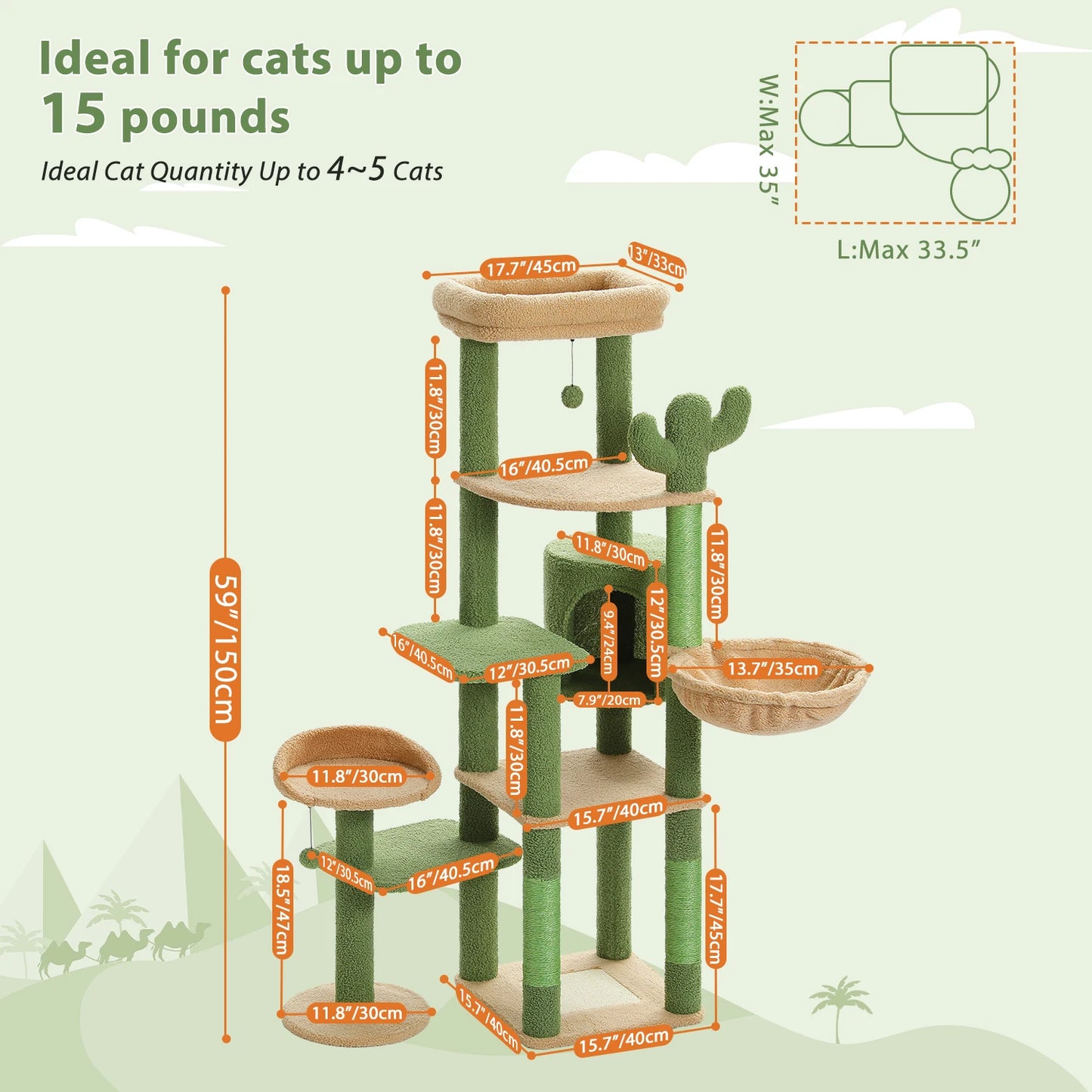 Height 150 CM Cactus Large Cat Tree Tower for Indoor with 5 Tier Spacious Condo Cozy Hammock Scratching Post and 2 Perches Green